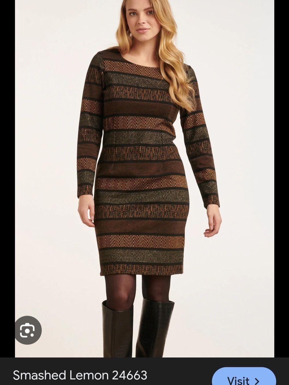 Smashed Lemon Brown And Gold Glittered Patterned Long-Sleeve Knit Dress